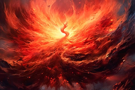 A red bird with flames on its wings flying through a rocky landscape. Concept of danger and power, as the fiery bird soars through the rocky terrain