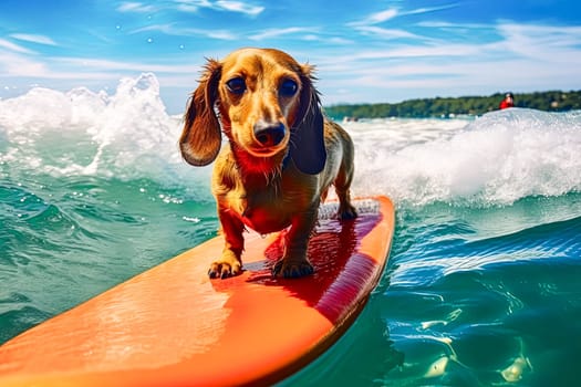 A small dog is standing on a surfboard in the ocean. The dog is wearing a red collar and he is enjoying the water