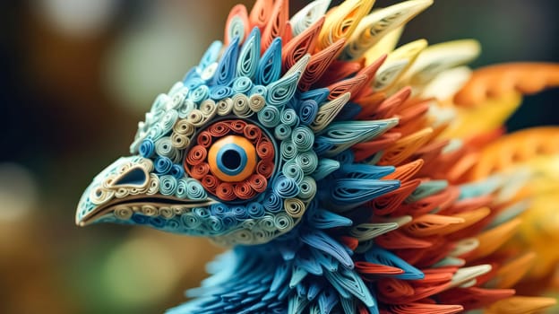 A colorful bird with a red eye and orange and blue feathers. The bird is made of paper and has a unique and artistic appearance