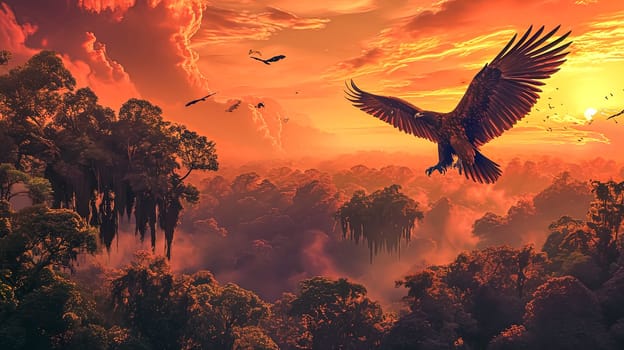 A large eagle is perched on a tree in a jungle. The sky is orange and the sun is setting