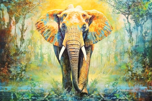 A colorful elephant is standing in a forest. The painting is vibrant and full of life, with the elephant being the main focus. The colors of the elephant