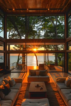 A beautifully designed living room in an eco hotel with a view of the ocean at sunset. The warm shades of wood complement the relaxing landscape outside
