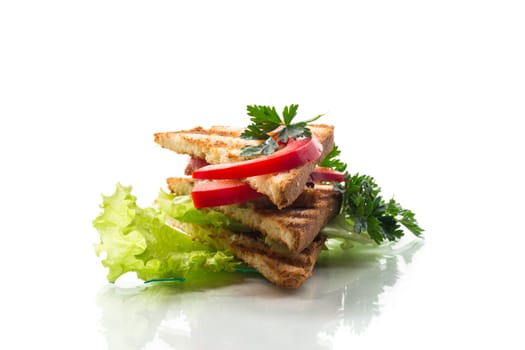 fried toast with chicken, salad, greens isolated on white background .