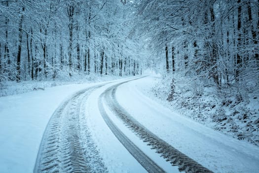 Wheel tracks on a snow-covered road in the winter forest