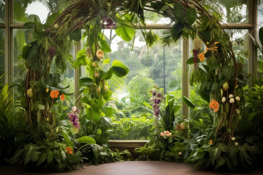 Majestic green jungle tropical wedding arch decoration surrounded by verdant lush foliage