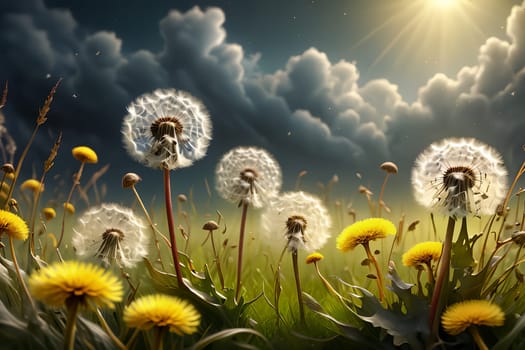 abstract background of dandelions on the lawn in summer. AI generated image.