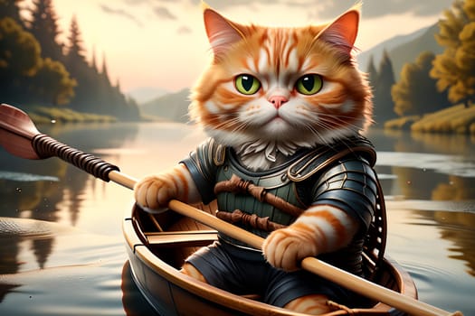 fat red cat in a T-shirt with oars in a boat, playing sports .AI generated image.