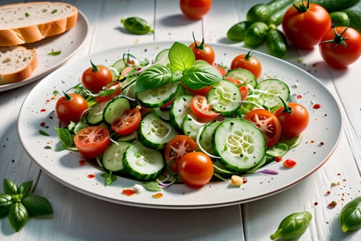 fresh salad with cucumbers and tomato pieces fly in the air above the plate. Oil splashes.