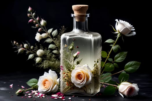 tincture of herbs and flowers in a bottle isolated on a black background