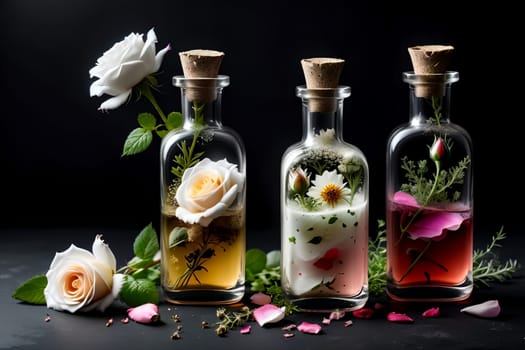 tincture of herbs and flowers in a bottle isolated on a black background