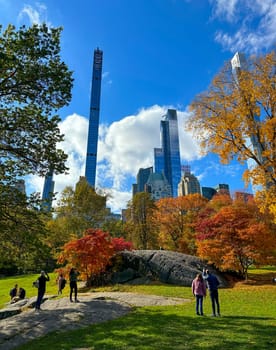 Fall colors have arrived to New York's Central Park and the city skyline.