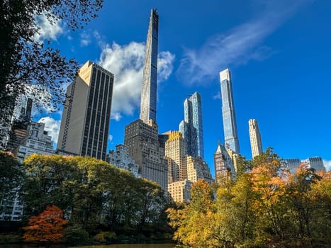 Fall colors have arrived to New York's Central Park and the city skyline.