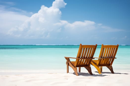 tranquil beach setting with two empty wooden chairs facing the calm turquoise sea, accentuating a sense of relaxation and solitude - Generative AI