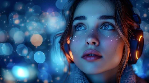 close-up image of a young woman wearing headphones with glowing, whimsical makeup and sparkling lights around her - Generative AI