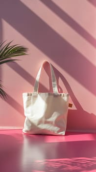 A vertical image of a white canvas tote bag casting a shadow against a vibrant pink wall, with a touch of green foliage