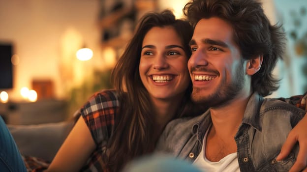 A cheerful couple snuggled up, sharing a laugh and gazing forward in a cozy, warmly lit living room at evening - Generative AI