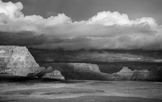 Storm clouds move through Glen Canyon National Recreation Area at Lake Powell, Arizona