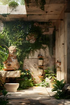 A bathroom in a house with a toilet, sink, and plants like terrestrial plants in flowerpots. The window provides a view of the landscape outside