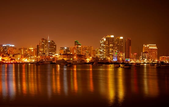 Lights from Hi Rises in San Diego Reflect upon San Diego Bay, California