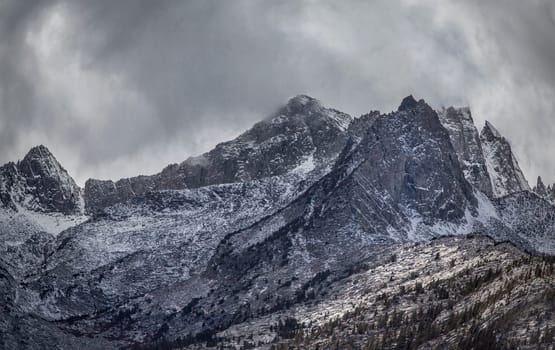 Fresh snow cover the high peaks of the Sierra Nevada Mountain Range, California