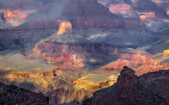 Rain and Snow showers move across the Grand Canyon at Grand Canyon National Park, Arizona