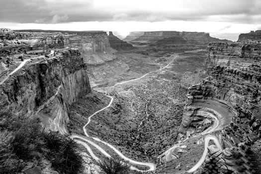 A rainstorm makes its way through Canyonlands National Park,Utah  as seen from the Shafer Trail Viewpoint.