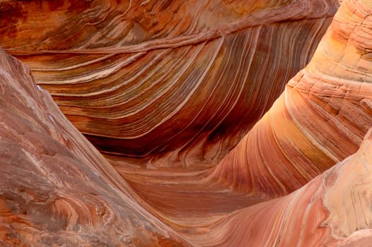 Unusual sandstone rock formation produced through erosion are the feature at The Wave at Coyote Buttes North  in the Vermilion Cliffs National Monument, Arizona