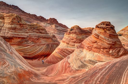 Unusual sandstone rock formation produced through erosion are the feature at The Wave at Coyote Buttes North  in the Vermilion Cliffs National Monument, Arizona