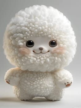 A toy dog breed with a big fluffy head and fur is standing on a white surface. Its snout and nose make it a charming stuffed companion animal