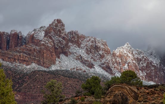 Fresh snow has fallen at Zion National Park, Utah