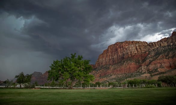 A monsoonal thunderstorm appears at Zion Canyon at Zion National Park, Utah