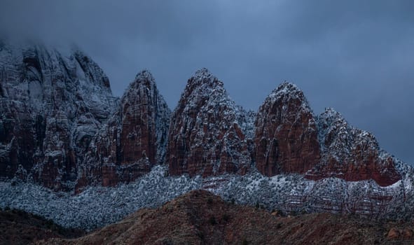 Fresh snow has fallen in Zion Canyon at at Zion National Park, Utah