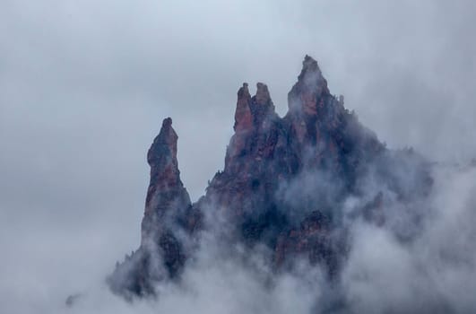 Passing storms bring rain and fog to the Eagle Crags just outside Zion National Park, Utah