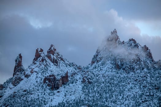 Fresh snow has fallen ion Eagle Crags adjacent to Zion National Park, Utah