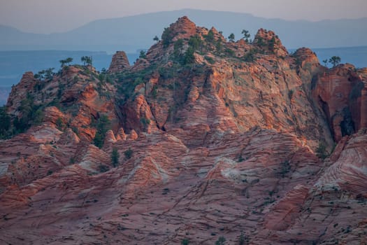 Light from the setting sun is cast upon sandstone rock formations at Zion Natioanl Park’s Kolob Terrace section