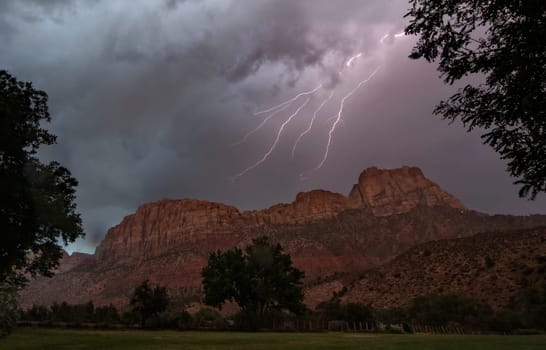 Lightning strikes The Watchman at Zion National park, Utah