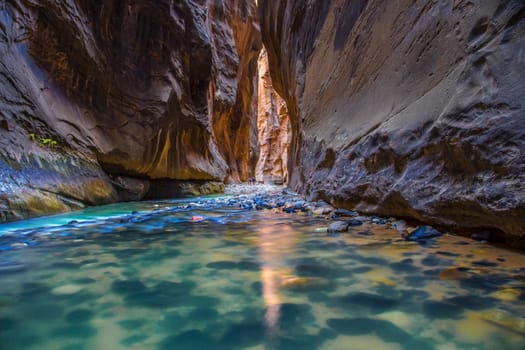 The Virgin River carves its way through The Narrows at Zion National Park, Utah