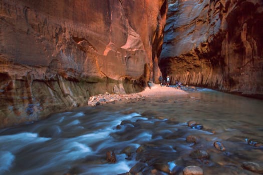 The Virgin River cuts through The Narrows at Zion National Park, Utah