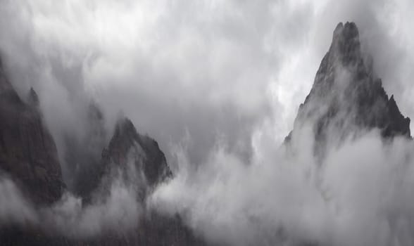 A passing rain storm brings clouds and fog to Zion Canyon at Zion National Park, Utah