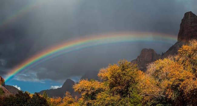 An autumn shower produces a rainbow in Zion Canyon at Zion National Park, Utah