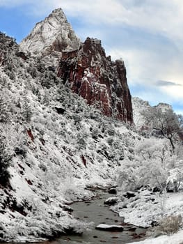 Fresh snow has fallen at the Court Of The Patriarchs  in Zion Canyon at at Zion National Park, Utah