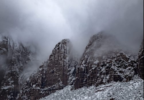 Fresh snow has fallen in Zion Canyon at at Zion National Park, Utah