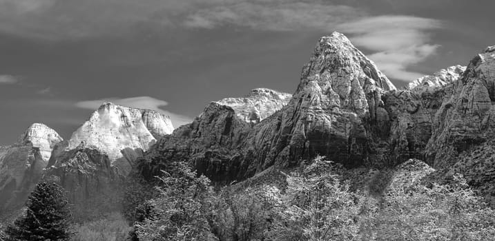 Fresh snow has fallen in Zion Canyon at at Zion National Park, Utah