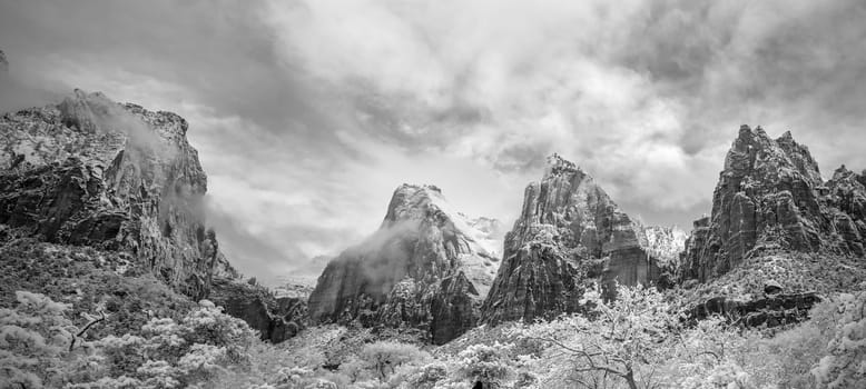 Fresh snow has fallen at the Court Of The Patriarchs  in Zion Canyon at at Zion National Park, Utah