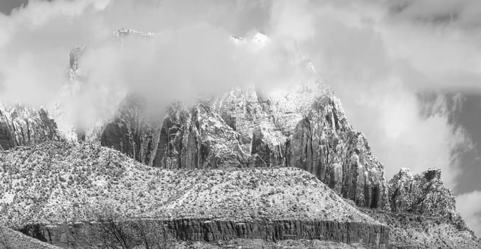 Fresh snow has fallen in Zion Canyon at at Zion National Park, Utah