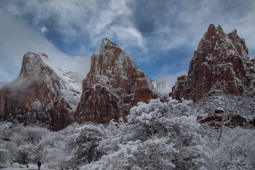 Fresh snow has fallen at the Court Of The Patriarchs  in Zion Canyon at at Zion National Park, Utah