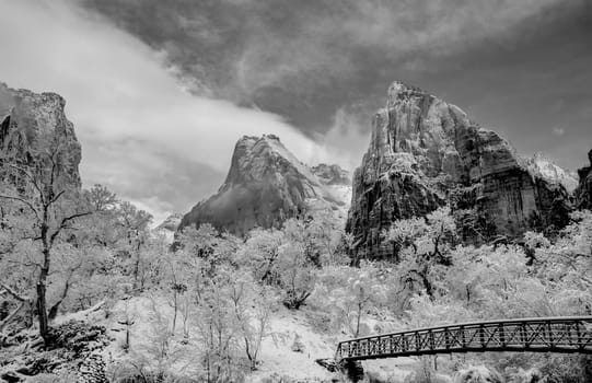 Fresh snow has fallen at the Court Of The Patriarchs  in Zion Canyon at at Zion National Park, Utah