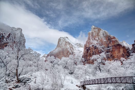 Fresh snow has fallen at the Court Of The Patriarchs  in Zion Canyon at at Zion National Park, Utah