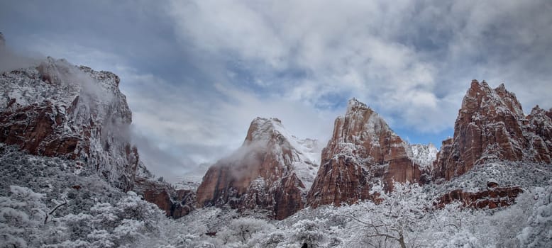 Fresh snow has fallen at the Court Of The Patriarchs  in Zion Canyon at at Zion National Park, Utah