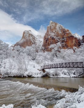 Fresh snow has fallen in Zion Canyon at at Zion National Park, Utah